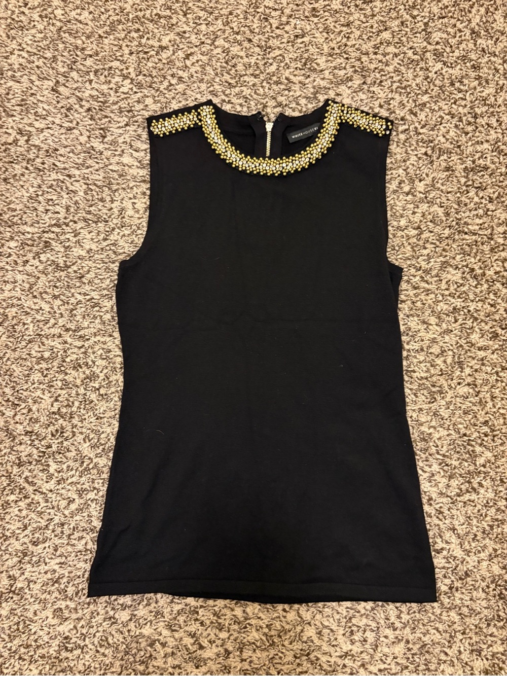 White House Black Market Black Sleeveless Tank with Gold Beaded Collar